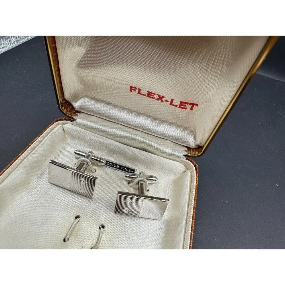 Vintage Flex-Let Silver Tone Rhodium Finish Art Deco Cufflinks In Leather Case